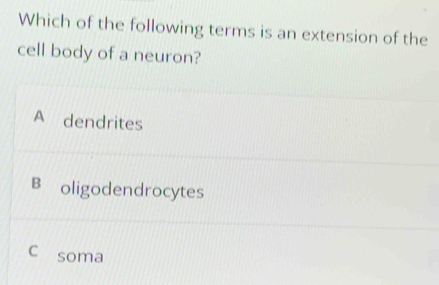 Which of the following terms is an extension of the
cell body of a neuron?
A dendrites
B oligodendrocytes
c soma