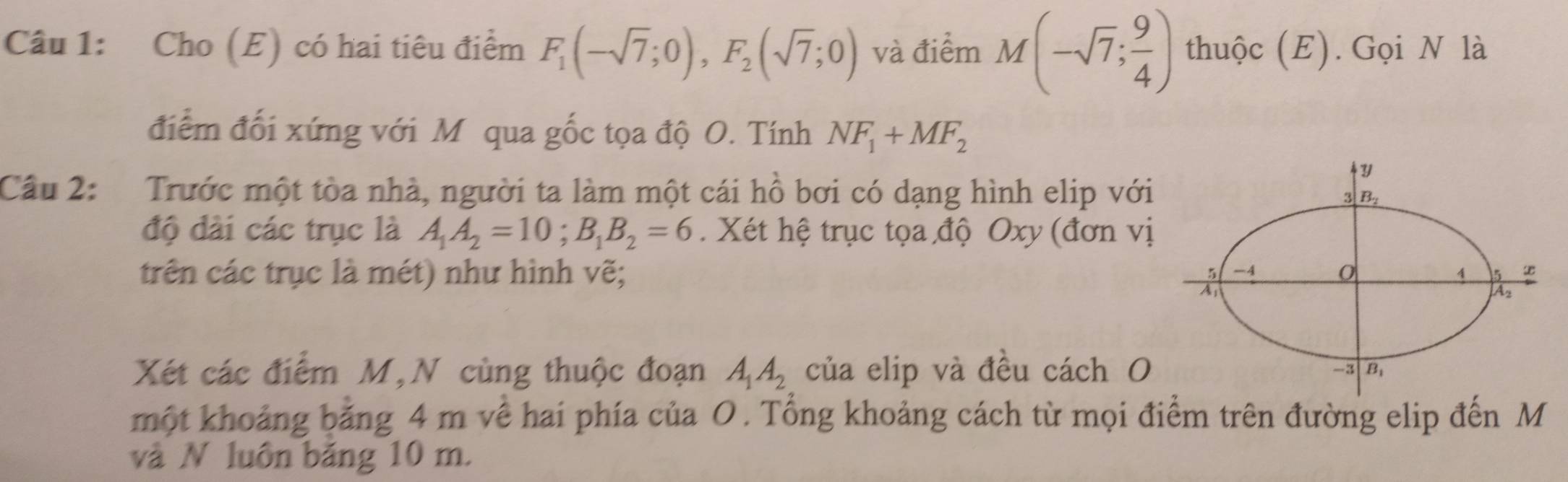 Cho (E) có hai tiêu điểm F_1(-sqrt(7);0),F_2(sqrt(7);0) và điểm M(-sqrt(7); 9/4 ) thuộc (E). Gọi N là
điểm đối xứng với M qua gốc tọa độ O. Tính NF_1+MF_2
Câu 2: Trước một tòa nhà, người ta làm một cái hồ bơi có dạng hình elip với
độ đài các trục là A_1A_2=10;B_1B_2=6. Xét hệ trục tọa độ Oxy (đơn vị
trên các trục là mét) như hình vẽ; 
Xét các điểm M,N cùng thuộc đoạn A_1A_2 của elip và đều cách O
một khoảng bằng 4 m về hai phía của O. Tổng khoảng cách từ mọi điểm trên đường elip đến M
và N luôn băng 10 m.