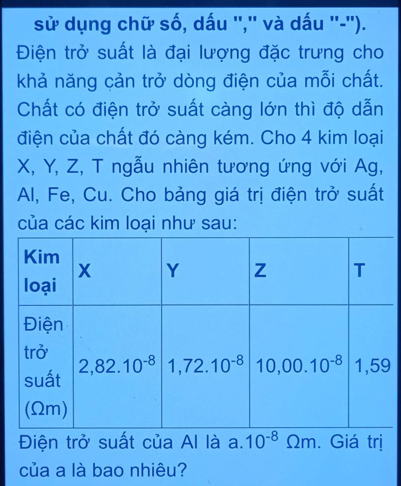 sử dụng chữ số, dấu '','' và dấu ''-'').
Điện trở suất là đại lượng đặc trưng cho
khả năng cản trở dòng điện của mỗi chất.
Chất có điện trở suất càng lớn thì độ dẫn
điện của chất đó càng kém. Cho 4 kim loại
X, Y, Z, T ngẫu nhiên tương ứng với Ag,
Al, Fe, Cu. Cho bảng giá trị điện trở suất
của các kim loại như sau:
Điện trở suất của Al là a.10^(-8)Omega m. Giá trị
của a là bao nhiêu?