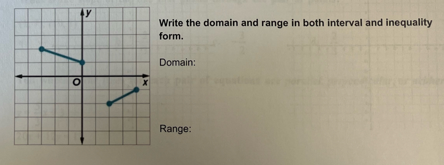 Write the domain and range in both interval and inequality 
form. 
Domain: 
Range: