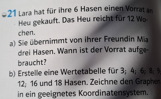 Lara hat für ihre 6 Hasen einen Vorrat an 
Heu gekauft. Das Heu reicht für 12 Wo- 
chen. 
a) Sie übernimmt von ihrer Freundin Mia 
drei Hasen. Wann ist der Vorrat aufge- 
braucht? 
b) Erstelle eine Wertetabelle für 3; 4; 6; 8; 9
12; 16 und 18 Hasen. Zeichne den Graphen 
in ein geeignetes Koordinatensystem.