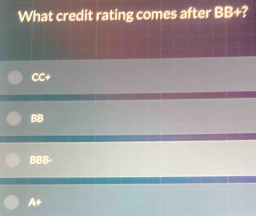 What credit rating comes after BB+ 2
BB
BBB -