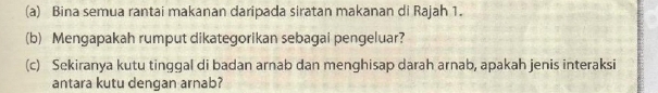 Bina semua rantai makanan daripada siratan makanan di Rajah 1. 
(b) Mengapakah rumput dikategorikan sebagai pengeluar? 
(c) Sekiranya kutu tinggal di badan arnab dan menghisap darah arnab, apakah jenis interaksi 
antara kutu dengan arnab?