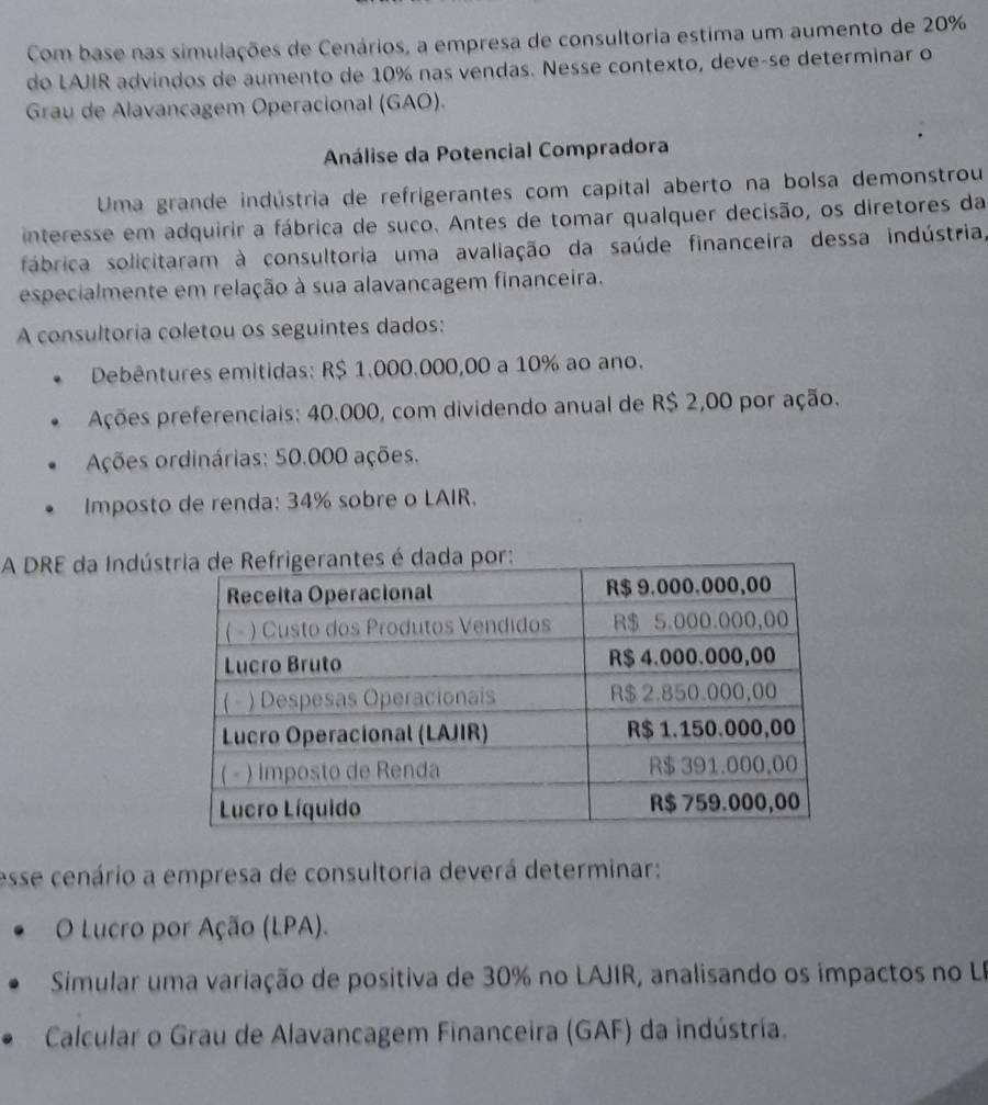 Com base nas simulações de Cenários, a empresa de consultoria estima um aumento de 20%
do LAJIR advindos de aumento de 10% nas vendas. Nesse contexto, deve-se determinar o 
Grau de Alavancagem Operacional (GAO). 
Análise da Potencial Compradora 
Uma grande indústria de refrigerantes com capital aberto na bolsa demonstrou 
interesse em adquirir a fábrica de suco. Antes de tomar qualquer decisão, os diretores da 
fábrica solicitaram à consultoria uma avaliação da saúde financeira dessa indústria, 
especialmente em relação à sua alavancagem financeira. 
A consultoria coletou os seguintes dados: 
Debêntures emitidas: R$ 1.000.000,00 a 10% ao ano. 
Ações preferenciais: 40.000, com dividendo anual de R$ 2,00 por ação. 
Ações ordinárias: 50.000 ações. 
Imposto de renda: 34% sobre o LAIR. 
A DRE da Indús 
esse cenário a empresa de consultoria deverá determinar: 
O Lucro por Ação (LPA). 
Simular uma variação de positiva de 30% no LAJIR, analisando os impactos no LI 
Calcular o Grau de Alavancagem Financeira (GAF) da indústria.