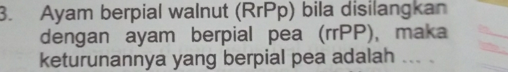 Ayam berpial walnut (RrPp) bila disilangkan 
dengan ayam berpial pea (rrPP), maka 
keturunannya yang berpial pea adalah ... .