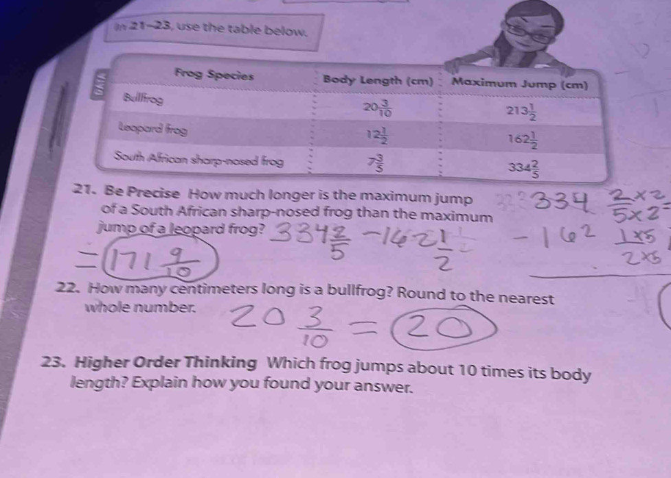 In 21-23, use the table below. 
Frog Species Body Length (cm) Maximum Jump (cm) 
Bullfrog
20 3/10 
213 1/2 
Leapard frog
12 1/2 
162 1/2 
South African sharp-nosed frog
7 3/5 
334 2/5 
21. Be Precise How much longer is the maximum jump 
of a South African sharp-nosed frog than the maximum 
jump of a leopard frog? 
22. How many centimeters long is a bullfrog? Round to the nearest 
whole number. 
23. Higher Order Thinking Which frog jumps about 10 times its body 
length? Explain how you found your answer.