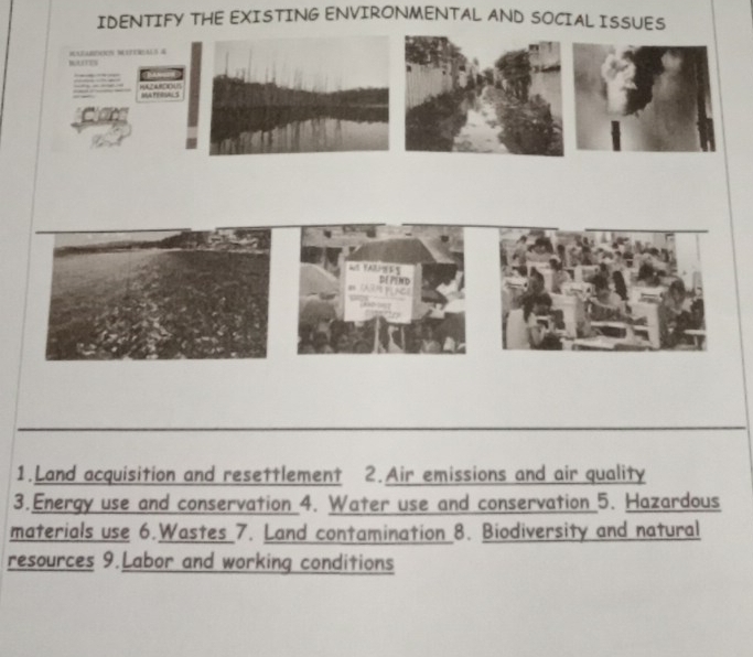 IDENTIFY THE EXISTING ENVIRONMENTAL AND SOCIAL ISSUES 

1.Land acquisition and resettlement 2. Air emissions and air quality 
3.Energy use and conservation 4. Water use and conservation 5. Hazardous 
materials use 6.Wastes 7. Land contamination 8. Biodiversity and natural 
resources 9.Labor and working conditions