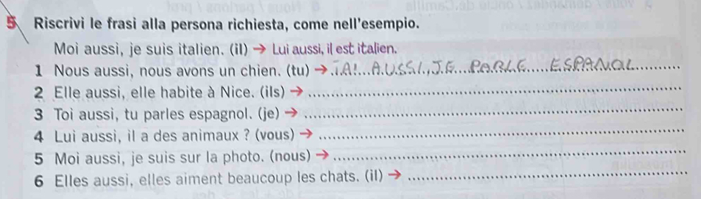 Riscrivi le frasi alla persona richiesta, come nell'esempio. 
Moi aussi, je suis italien. (iI) → Lui aussi, il est italien. 
1 Nous aussi, nous avons un chien. (tu) 
_ 
2 Elle aussi, elle habite à Nice. (ils) 
_ 
3 Toi aussi, tu parles espagnol. (je) 
_ 
4 Lui aussi, il a des animaux ? (vous) 
_ 
_ 
5 Moi aussi, je suis sur la photo. (nous) 
_ 
6 Elles aussi, elles aiment beaucoup les chats. (iI)