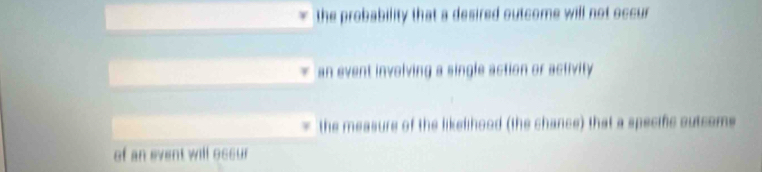 the probability that a desired outcome will not occur
an event involving a single action or activity
the measure of the likelihood (the chance) that a specific outcome
of an event will ossur