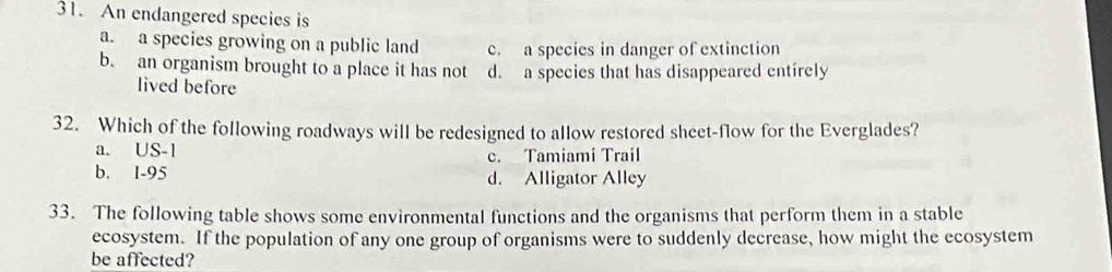 An endangered species is
a. a species growing on a public land c. a species in danger of extinction
b. an organism brought to a place it has not d. a species that has disappeared entirely
lived before
32. Which of the following roadways will be redesigned to allow restored sheet-flow for the Everglades?
a. US- 1 c. Tamiami Trail
b. I-95 d. Alligator Alley
33. The following table shows some environmental functions and the organisms that perform them in a stable
ecosystem. If the population of any one group of organisms were to suddenly decrease, how might the ecosystem
be affected?