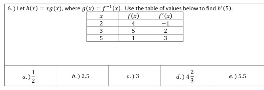 ) Let h(x)=xg(x) , wherow to find h'(5).
5