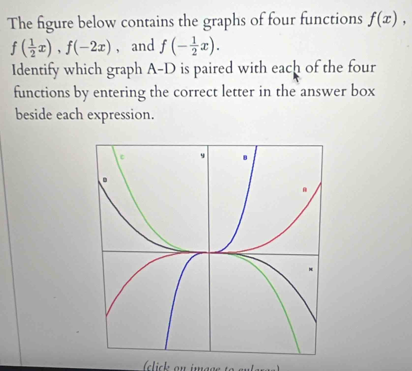 The figure below contains the graphs of four functions f(x),
f( 1/2 x), f(-2x) , and f(- 1/2 x). 
Identify which graph A-D is paired with each of the four 
functions by entering the correct letter in the answer box 
beside each expression.