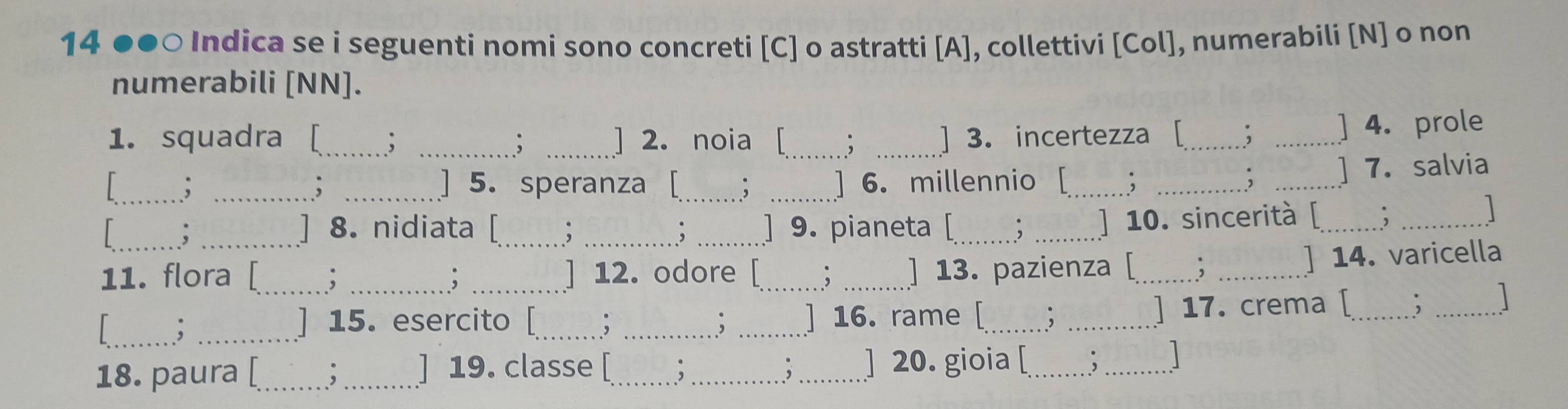 14 ●●○ Indica se i seguenti nomi sono concreti [C] o astratti [A], collettivi [Col], numerabili [N] o non 
numerabili [NN]. 
1. squadra [_ , __] 2. noia [_ 、 _ 3. incertezza [_ 
_ 
] 4. prole 
; 
_, __5. speranza [_ , _ 6. millennio [_ , _, _7. salvia 
; 
1 
_, _ 8. nidiata [_ , _, _] 9. pianeta [ _, _] 10. sincerità [_ ,_ 

11. flora [ ; ; ] 12. odore [ ] 13. pazienza [_ ;_ 
] 14. varicella 
_, ________] 16. rame [_ ; _] 17. crema [_ ; _ 
] 15. esercito [ , , 
18. paura [_ ,_ ] 19. classe _ , _, ] 20. gioia [_ , _