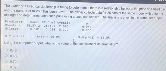 The owner of a used car dealership is trying to determine if there is a relationship between the price of a used car
and the number of miles it has been driven. The owner collects data for 25 cars of the same model with different
mileage and determines each car's price using a used car website. The analysis is given in the computer output.
Predictor Coef SE Coef t-ratio p
Constant 24157.2 2164.1 2.965
Mileage -0.181 0.024 5.377 0.046 o.○○o
s=3860.7 R-3q=68.0% R-8q(Adj)=69.54
Using the computer output, what is the value of the coefficient of determination?
0.46
0.68
0.70
0.82