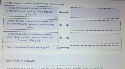 Match the correct type of sampling technique with each scenario
Divide the population into groups based on
some criteria, and randomly choose data from
each group.
Assign each data entry a unique number, and
use a random number generator to choose data
values.
Divide the population into groups based on
some criteria, and then randomly choose data
from one of the groups.
Choose data based on personal judgment.
DRAG & DROP THE ANSWER
Sratified Random Sampling 'Cluster Sampling Simple Random Sampling Subjective Sampling