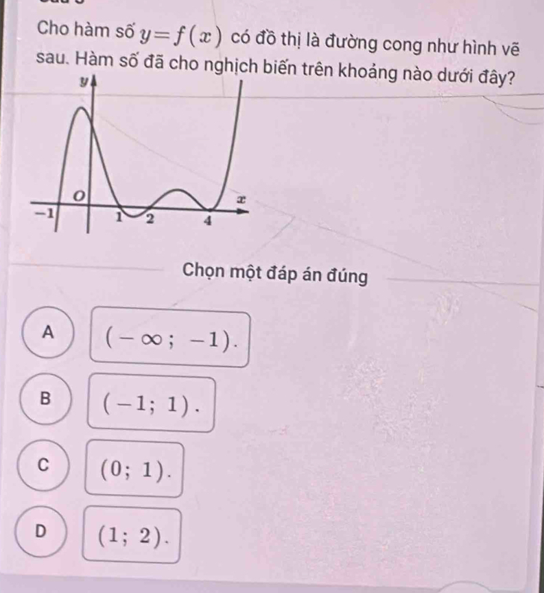 Cho hàm số y=f(x) có đồ thị là đường cong như hình vẽ
sau. Hàm số đã cho nghịch biến trên khoảng nào dưới đây?
Chọn một đáp án đúng
A (-∈fty ;-1).
B (-1;1).
C (0;1).
D (1;2).