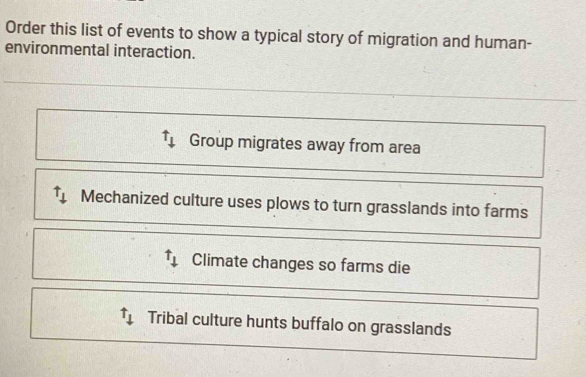 Order this list of events to show a typical story of migration and human-
environmental interaction.
Group migrates away from area
uparrow _downarrow  Mechanized culture uses plows to turn grasslands into farms
uparrow _downarrow  Climate changes so farms die
uparrow _downarrow  Tribal culture hunts buffalo on grasslands