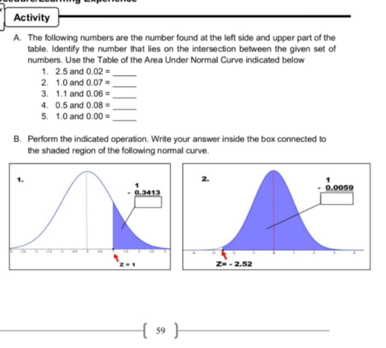 Activity
A. The following numbers are the number found at the left side and upper part of the
table. Identify the number that lies on the intersection between the given set of
numbers. Use the Table of the Area Under Normal Curve indicated below
1. 2.5 and 0.02= _
2. 1.0 and 0.07=
_
3. 1.1 and 0.06= _
4. 0.5 and 0.08= _
5. 1.0 and 0.00= _
B. Perform the indicated operation. Write your answer inside the box connected to
the shaded region of the following normal curve.
 59 