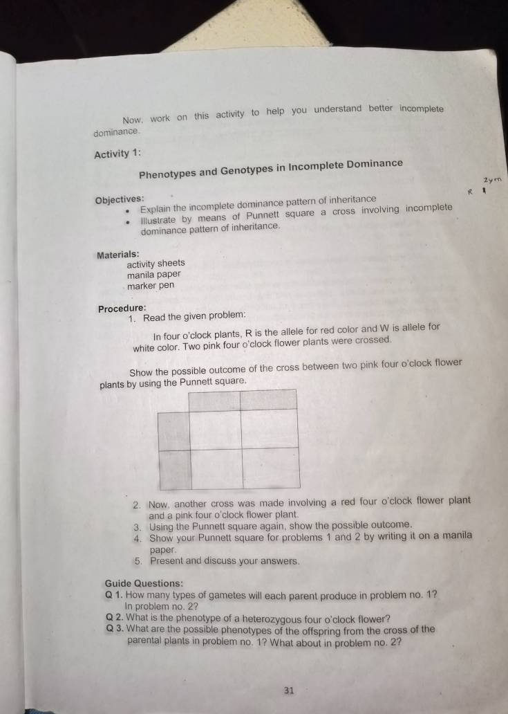 Now, work on this activity to help you understand better incomplete 
dominance. 
Activity 1: 
Phenotypes and Genotypes in Incomplete Dominance 
Objectives: 2yrn 
Explain the incomplete dominance pattern of inheritance R 
Illustrate by means of Punnett square a cross involving incomplete 
dominance pattern of inheritance. 
Materials: 
activity sheets 
manila paper 
marker pen 
Procedure: 
1. Read the given problem: 
In four o'clock plants, R is the allele for red color and W is allele for 
white color. Two pink four o'clock flower plants were crossed. 
Show the possible outcome of the cross between two pink four o'clock flower 
plants by unett square. 
2. Now, another cross was made involving a red four o'clock flower plant 
and a pink four o'clock flower plant. 
3. Using the Punnett square again, show the possible outcome. 
4. Show your Punnett square for problems 1 and 2 by writing it on a manila 
paper. 
5. Present and discuss your answers. 
Guide Questions: 
Q 1. How many types of gametes will each parent produce in problem no. 1? 
In problem no. 2? 
Q 2. What is the phenotype of a heterozygous four o'clock flower? 
Q 3. What are the possible phenotypes of the offspring from the cross of the 
parental plants in problem no. 1? What about in problem no. 2? 
31