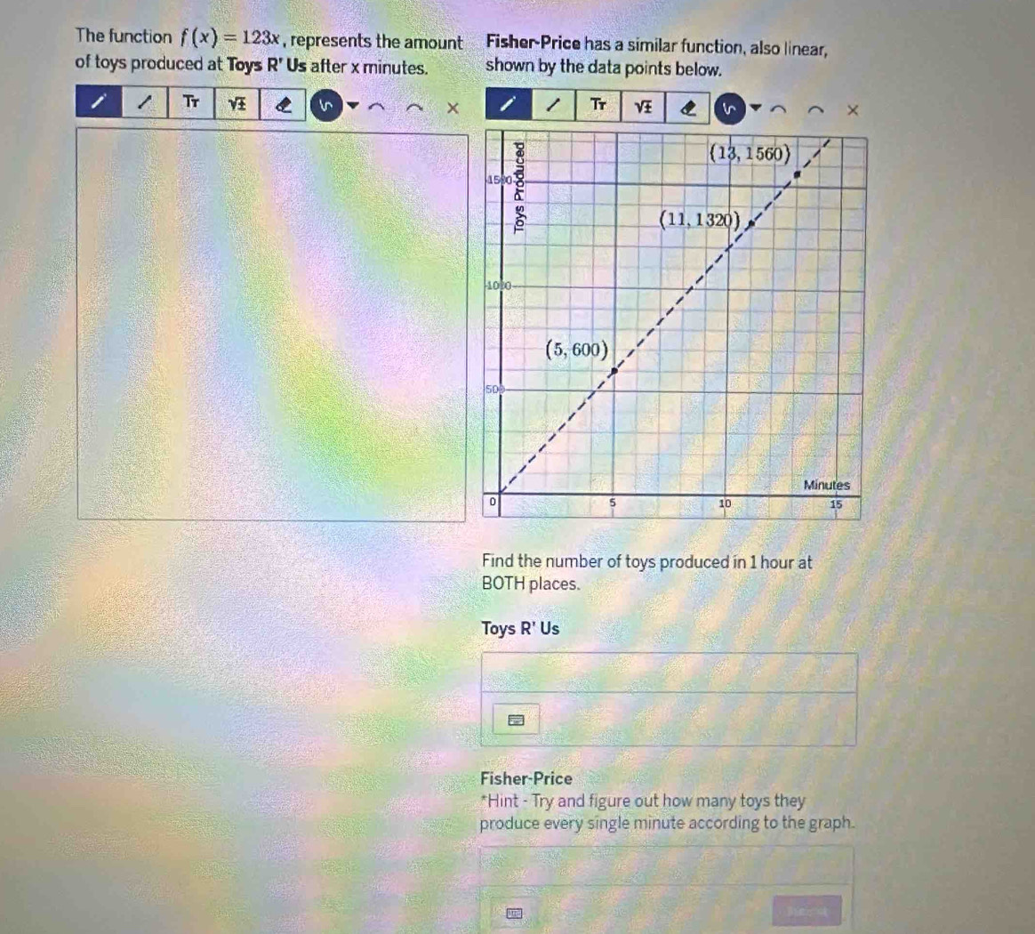 The function f(x)=123x , represents the amount Fisher-Price has a similar function, also linear,
of toys produced at Toys R' Us after x minutes. shown by the data points below.
v^(1 Tr Tr sqrt ±) vr ×
X
Find the number of toys produced in 1 hour at
BOTH places.
Toys R'Us
Fisher-Price
*Hint - Try and figure out how many toys they
produce every single minute according to the graph.