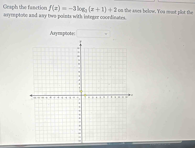 Graph the function f(x)=-3log _2(x+1)+2 on the axes below. You must plot the 
asymptote and any two points with integer coordinates. 
Asymptote: