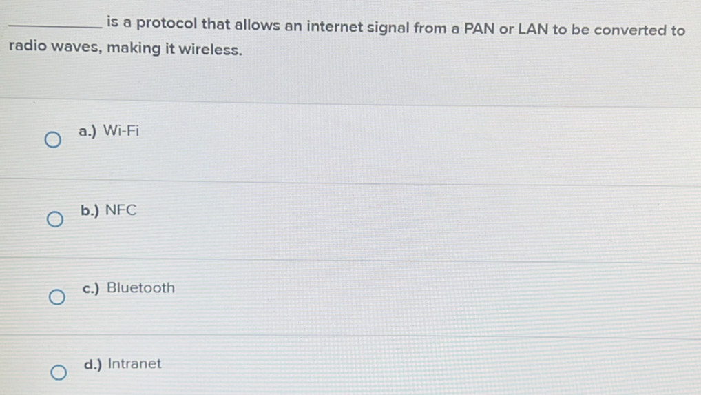 Solved: is a protocol that allows an internet signal from a PAN or LAN ...