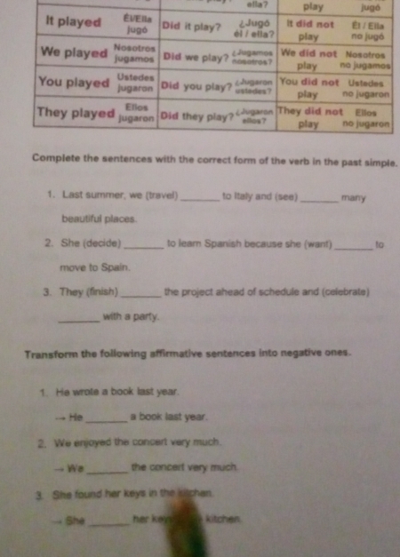 ella? play jugó 
Complete the sentences with the correct form of the verb in the past simple. 
1. Last summer, we (travel) _to Italy and (see) _many 
beautiful places 
2. She (decide) _to leam Spanish because she (want)_ to 
move to Spain. 
3. They (finish) _the project ahead of schedule and (celebrate) 
_with a party. 
Transform the following affirmative sentences into negative ones. 
1. He wrote a book last year. 
→ He _a book last year. 
2. We enjoyed the concert very much. 
→ We_ the concert very much. 
3. She found her keys in the kitchan. 
She _her key . kitchen