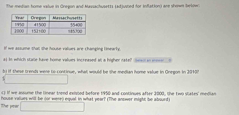 The median home value in Oregon and Massachusetts (adjusted for inflation) are shown below: 
If we assume that the house values are changing linearly, 
a) In which state have home values increased at a higher rate? Select an answer 
b) If these trends were to continue, what would be the median home value in Oregon in 2010? 
S x_1/2x+4 
c) If we assume the linear trend existed before 1950 and continues after 2000, the two states' median 
house values will be (or were) equal in what year? (The answer might be absurd) 
The year □