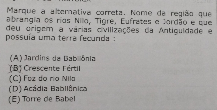 Marque a alternativa correta. Nome da região que
abrangia os rios Nilo, Tigre, Eufrates e Jordão e que
deu origem a várias civilizações da Antiguidade e
possuía uma terra fecunda :
(A) Jardins da Babilônia
(B) Crescente Fértil
(C) Foz do rio Nilo
(D) Acádia Babilônica
(E) Torre de Babel