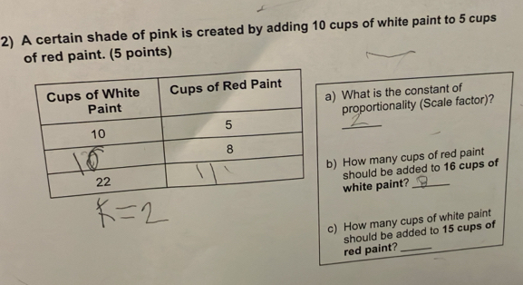 A certain shade of pink is created by adding 10 cups of white paint to 5 cups 
of red paint. (5 points) 
a) What is the constant of 
proportionality (Scale factor)? 
_ 
b) How many cups of red paint 
should be added to 16 cups of 
white paint? 
c) How many cups of white paint 
should be added to 15 cups of 
red paint?_