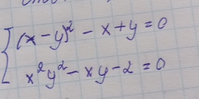 beginarrayl (x-y)^2-x+y=0 x^2y^2-xy-2=0endarray.