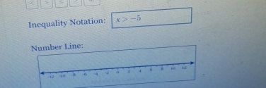 < >
Inequality Notation: x>-5
Line: