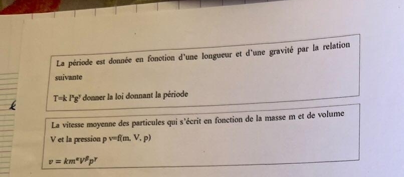 La période est donnée en fonction d'une longueur et d'une gravité par la relation 
suivante
T=kPg^y donner la loi donnant la période 
La vitesse moyenne des particules qui s’écrit en fonction de la masse m et de volume
V et la pression pv=f(m.V.p)
v=km^(alpha)V^(beta)p^(gamma)