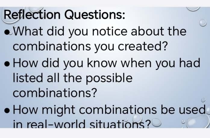 Reflection Questions: 
What did you notice about the 
combinations you created? 
How did you know when you had 
listed all the possible 
combinations? 
How might combinations be used 
in real-world situations?