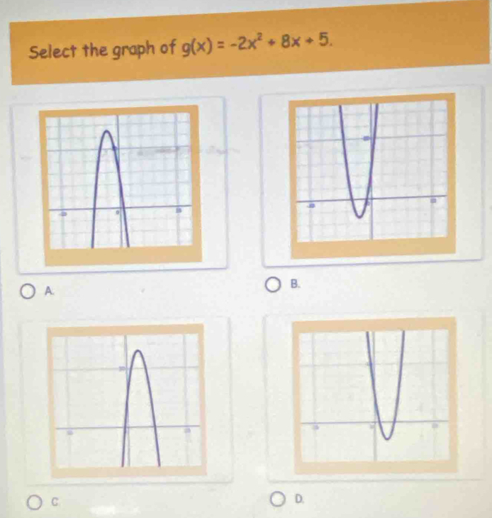 Select the graph of g(x)=-2x^2+8x+5. 
A. 
B. 
C. 
D.