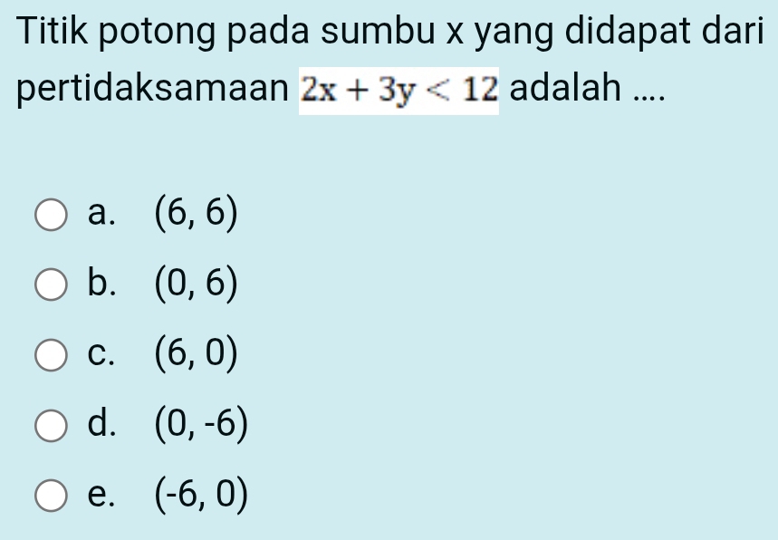 Titik potong pada sumbu x yang didapat dari
pertidaksamaan 2x+3y<12</tex> adalah ....
a. (6,6)
b. (0,6)
C. (6,0)
d. (0,-6)
e. (-6,0)