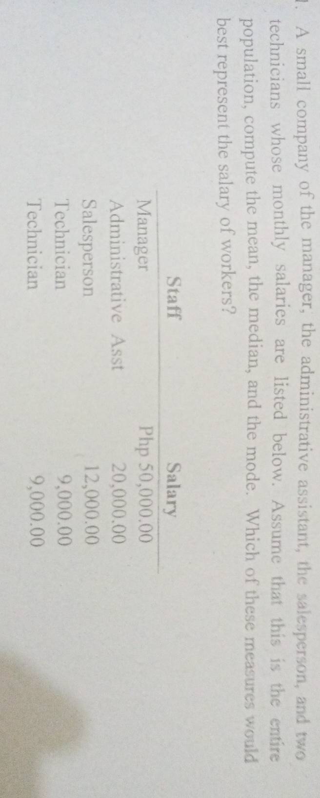 A small company of the manager, the administrative assistant, the salesperson, and two 
technicians whose monthly salaries are listed below. Assume that this is the entire 
population, compute the mean, the median, and the mode. Which of these measures would 
best represent the salary of workers?