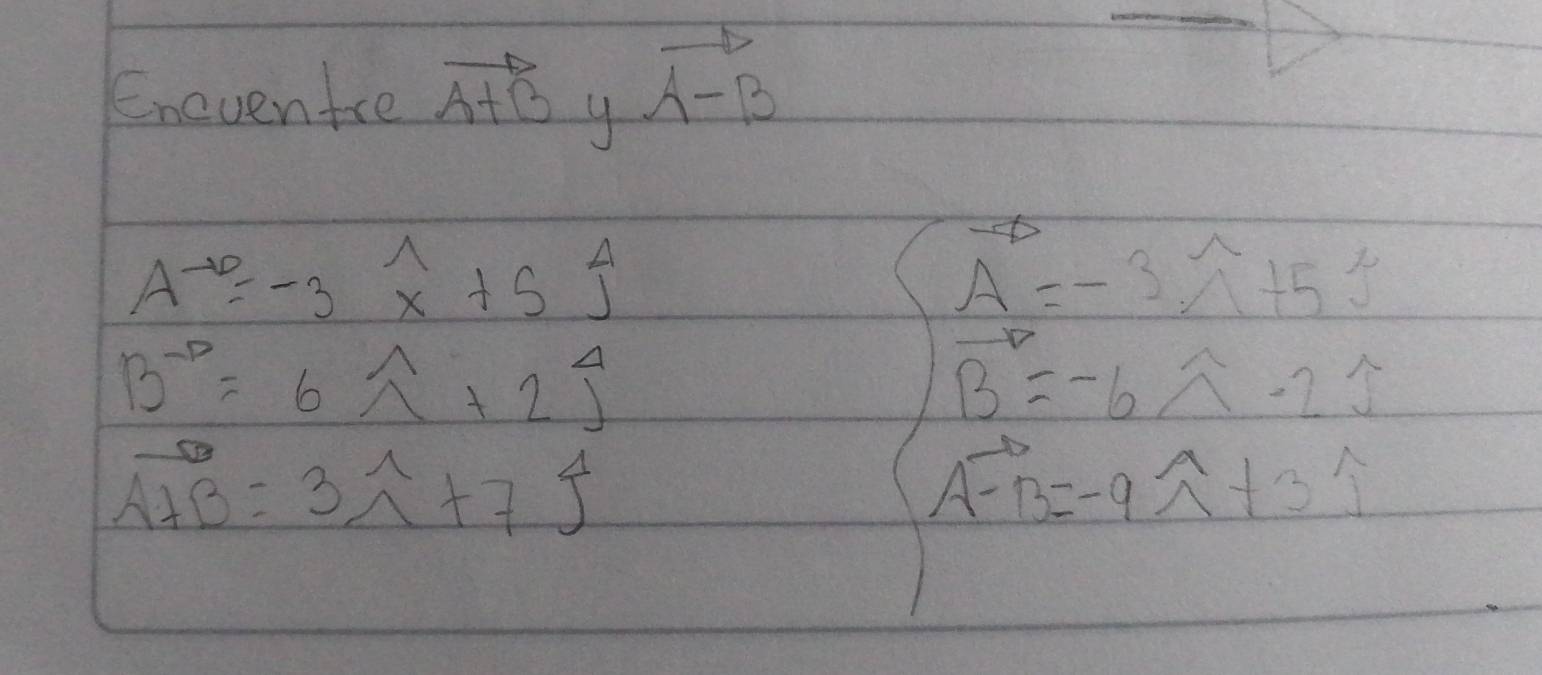 Eneventre vector A+B 9
vector A-B
A^(-6)=-3 beginarrayr wedge  xendarray +5overset beginarrayr 4 Jendarray
vector A=-3widehat wedge +53
B^(-p)=6widehat wedge +2widehat j
vector B=-6lambda -2j
overline AAB=3widehat wedge +7widehat j
A-B=-9widehat wedge +3widehat j