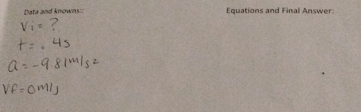 Data and knowns:: Equations and Final Answer: