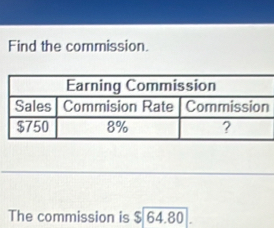 Find the commission. 
The commission is $ 64.80.