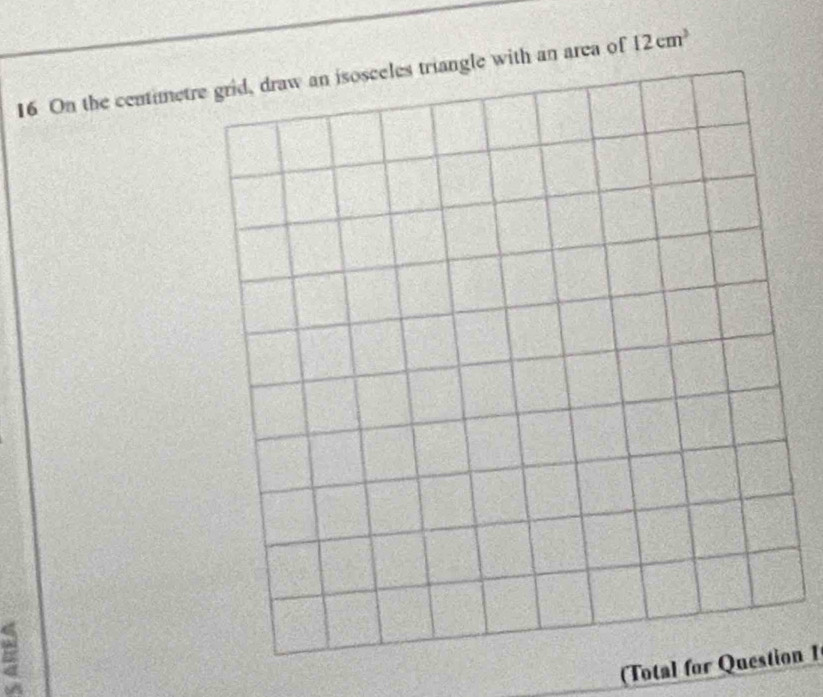 On the centimetre grid, draw an isosceles triangle with an area of 12cm^3
(Total for Question 1