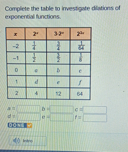 Complete the table to investigate dilations of
exponential functions.
a=□ b=□ c=□
d=□ e=□ f=□
DONE
Intro