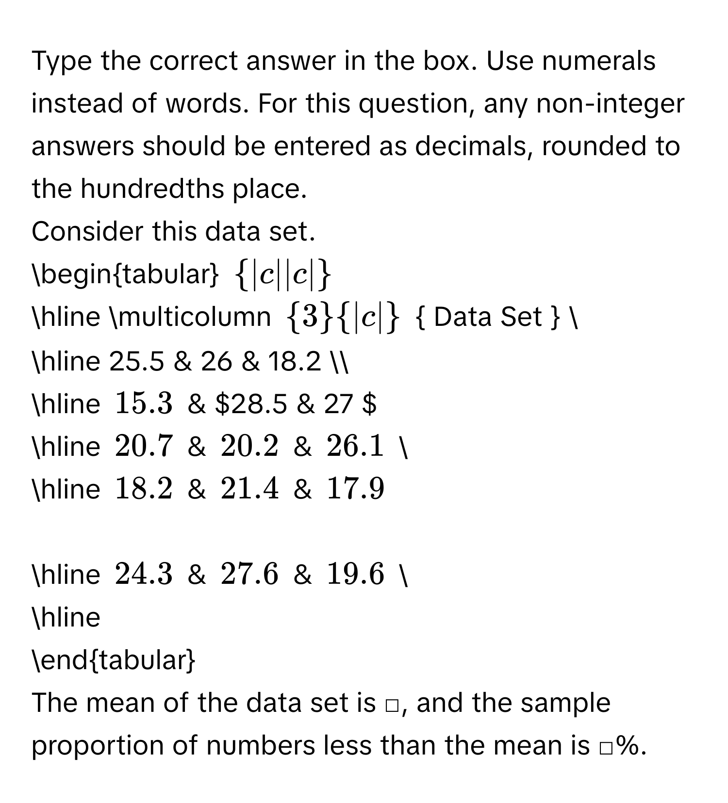 Type the correct answer in the box. Use numerals instead of words. For this question, any non-integer answers should be entered as decimals, rounded to the hundredths place. 
Consider this data set. 
begintabular  |c||c|
hline multicolumn  3  |c|  Data Set   
hline 25.5 & 26 & 18.2 
hline 15.3 & 28.5 & 27 
hline 20.7 & 20.2 & 26.1  
hline 18.2 & 21.4 & 17.9 
hline 24.3 & 27.6 & 19.6  
hline 
endtabular 
The mean of the data set is □, and the sample proportion of numbers less than the mean is □%.