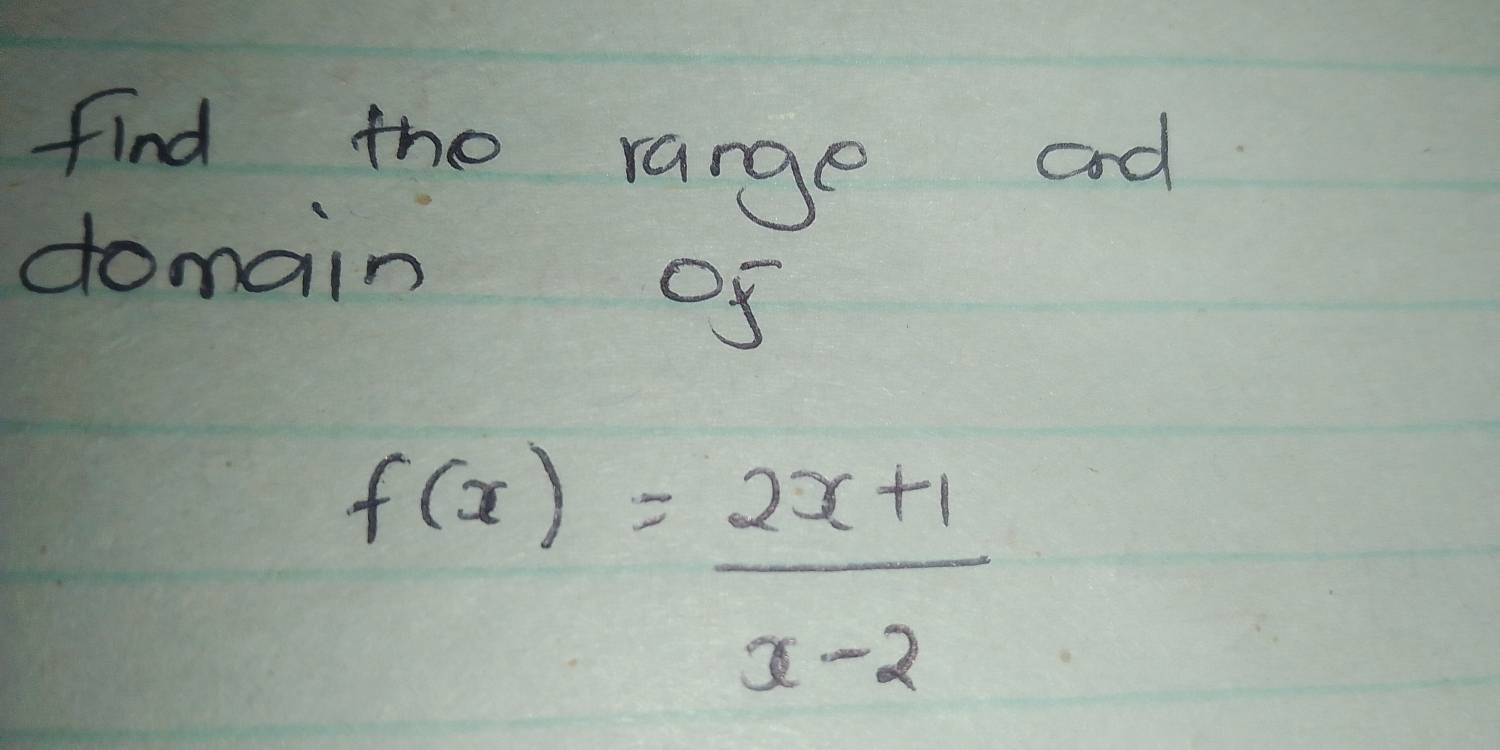 find the rarge and 
domain 0f
f(x)= (2x+1)/x-2 