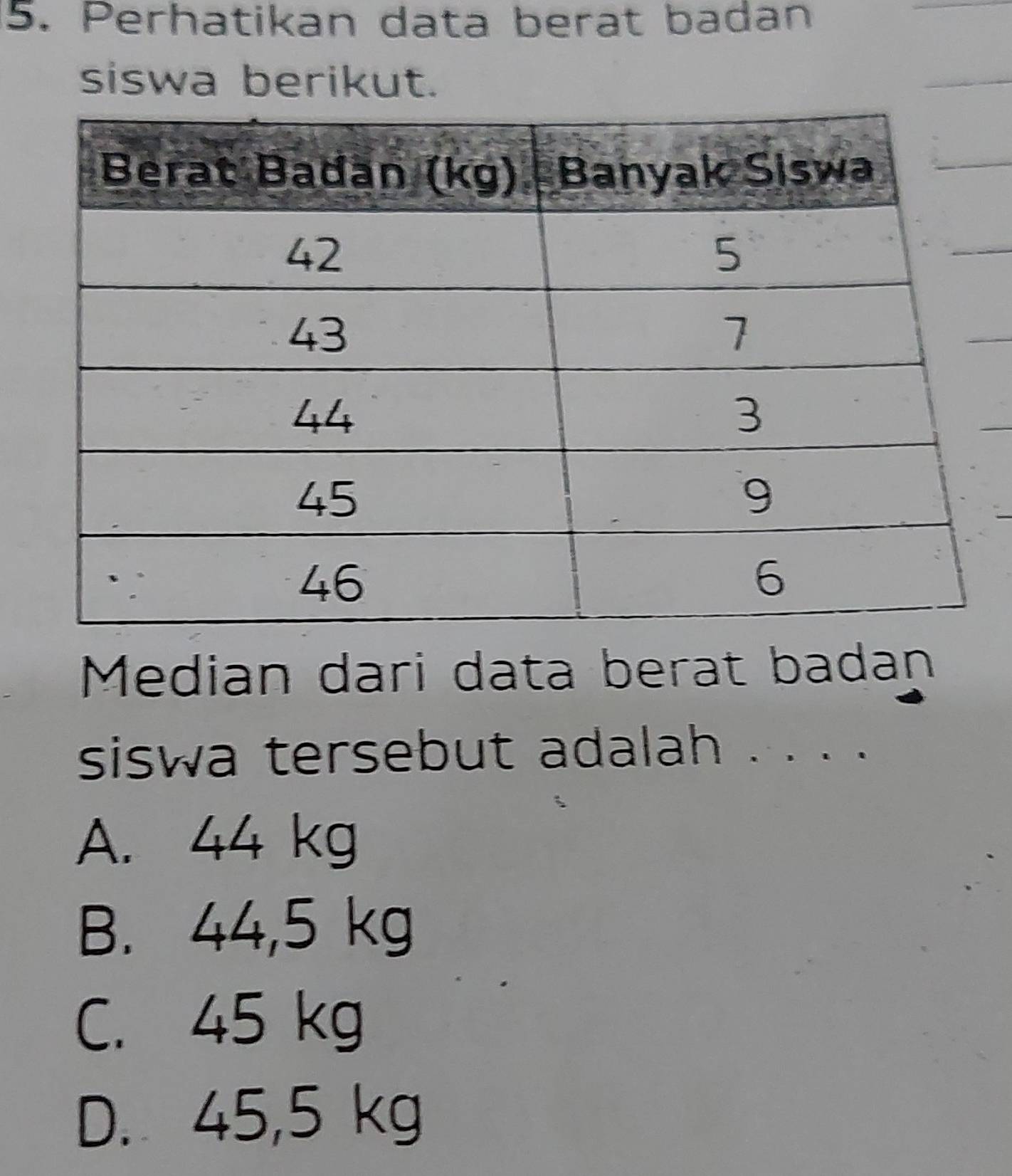 Perhatikan data berat badan
siswa berikut.
Median dari data berat badan
siswa tersebut adalah . . . .
A. 44 kg
B. 44,5 kg
C. 45 kg
D. 45,5 kg