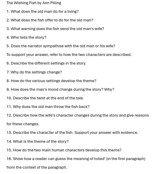 Solved: The Wishing Fish by Ann Pilling 1. What does the old man do for ...