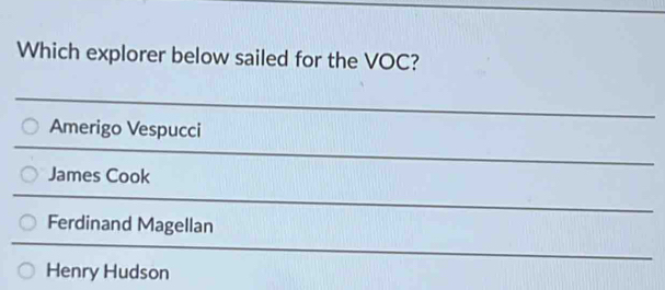 Which explorer below sailed for the VOC?
Amerigo Vespucci
James Cook
Ferdinand Magellan
Henry Hudson