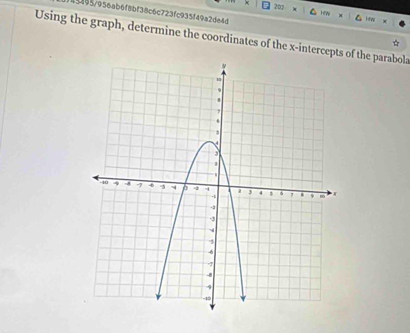 × 202 × HW 
45495/956ab6f8bf38c6c723fc935f49a2de4d 
HW × 
Using the graph, determine the coordinates of the x-intercepts of the parabola