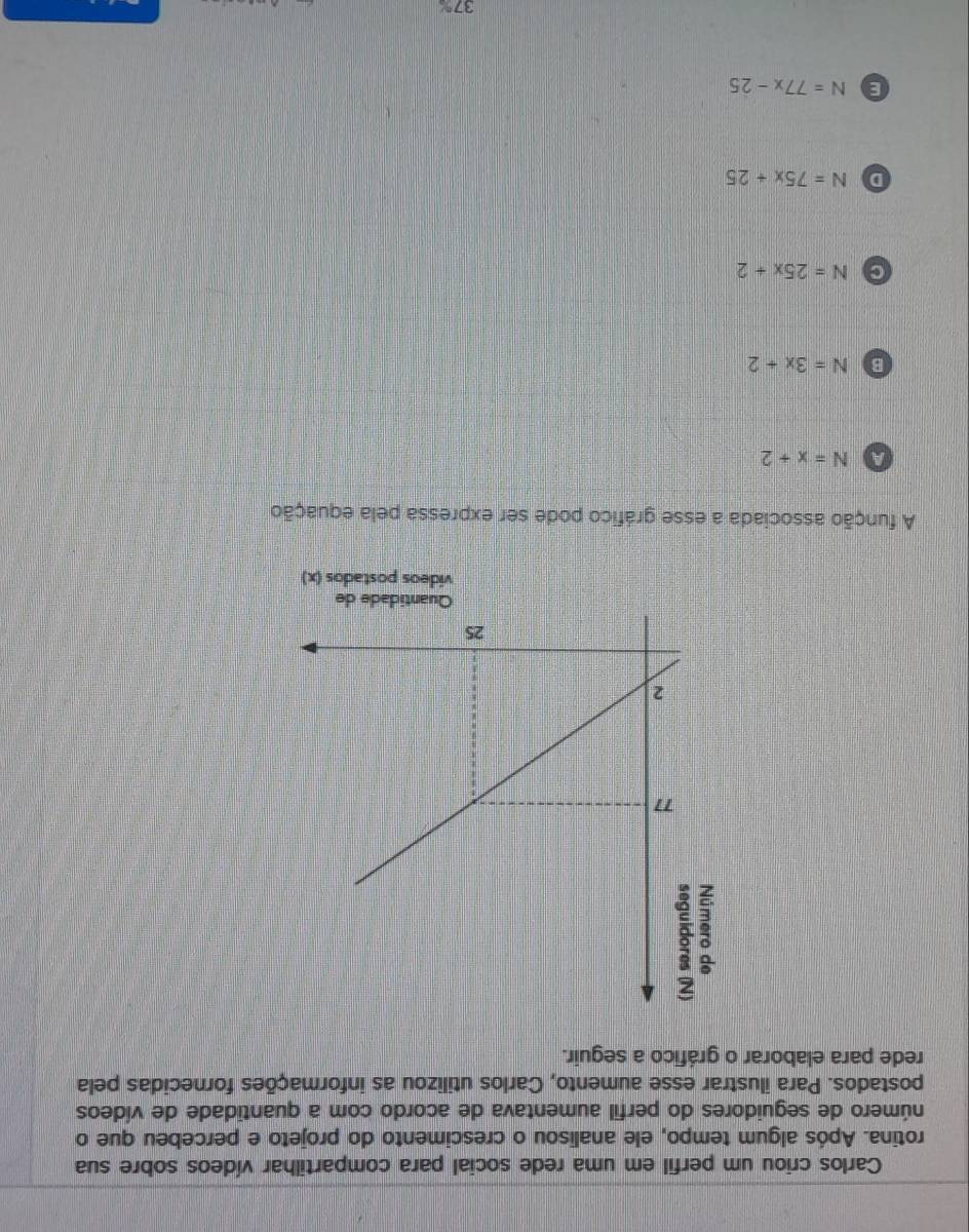 Carlos criou um perfil em uma rede social para compartilhar vídeos sobre sua
rotina. Após algum tempo, ele analisou o crescimento do projeto e percebeu que o
número de seguidores do perfil aumentava de acordo com a quantidade de vídeos
postados. Para ilustrar esse aumento, Carlos utilizou as informações fornecidas pela
rede para elaborar o gráfico a seguir.
ξ
videos postados (x)
A função associada a esse gráfico pode ser expressa pela equação
A N=x+2
B N=3x+2
C N=25x+2
D N=75x+25
E N=77x-25
3L