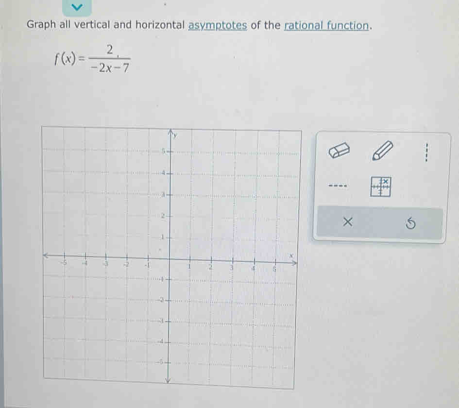 Graph all vertical and horizontal asymptotes of the rational function.
f(x)= 2/-2x-7 
×